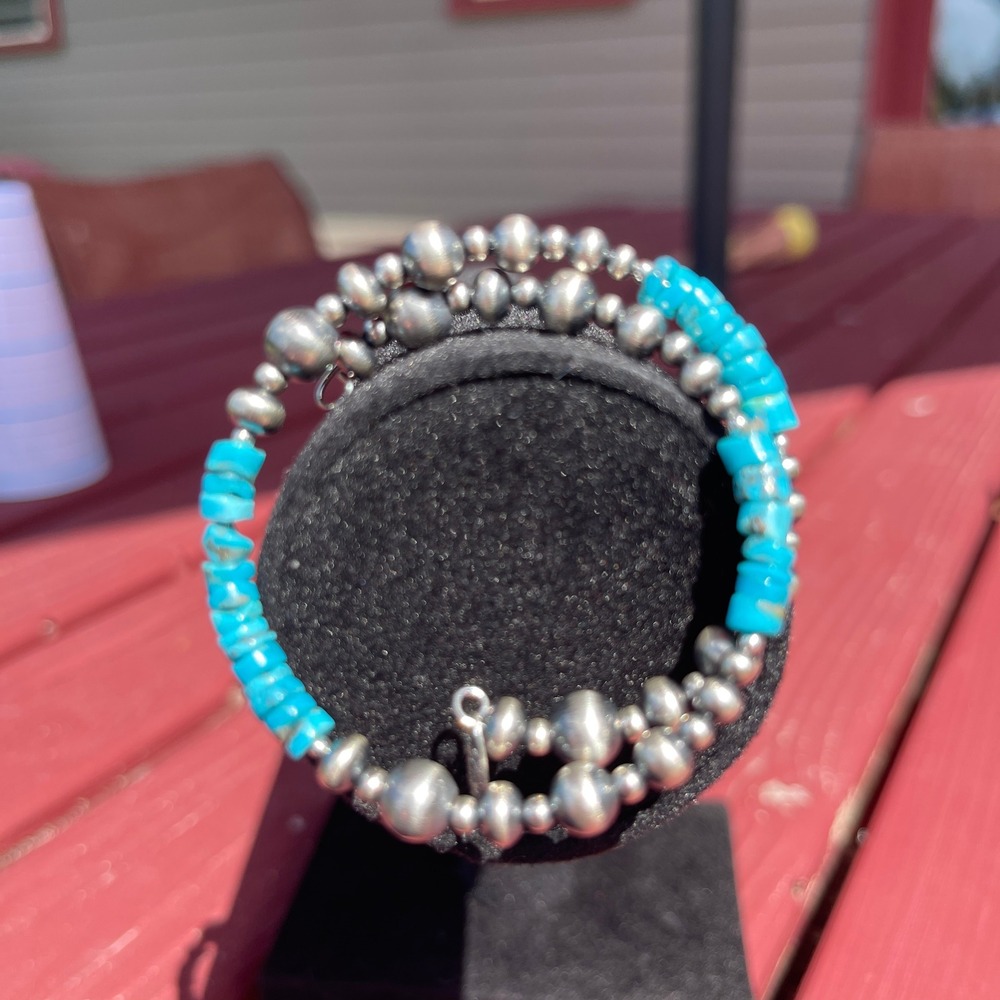 Navajo Made Turquoise and Sterling Silver Pearls Strung on Memory Wire 5-8" - Picture 2 of 7